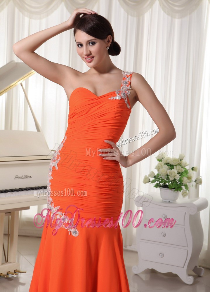 Court Train Mermaid One Shoulder Appliques Decorated Orange Prom Dresses