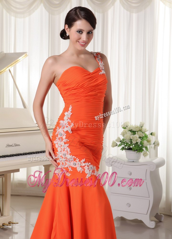 Court Train Mermaid One Shoulder Appliques Decorated Orange Prom Dresses