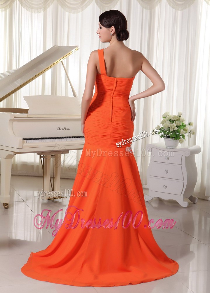 Court Train Mermaid One Shoulder Appliques Decorated Orange Prom Dresses