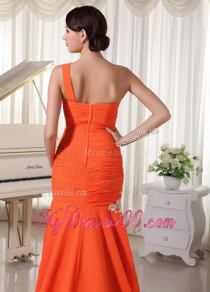 Court Train Mermaid One Shoulder Appliques Decorated Orange Prom Dresses
