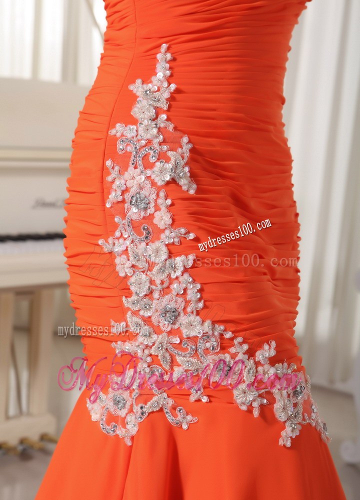 Court Train Mermaid One Shoulder Appliques Decorated Orange Prom Dresses