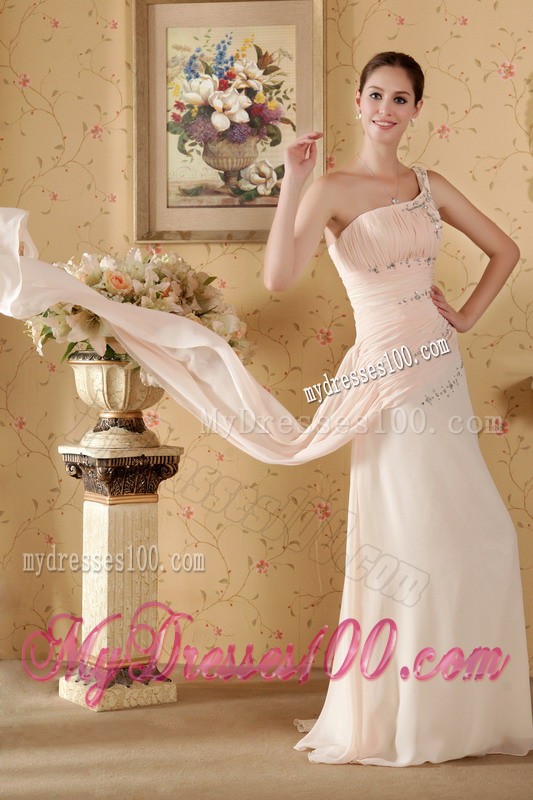 Baby Pink One Shoulder Watteau Train Chiffon Prom Dress with Beading and Ruche