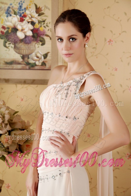 Baby Pink One Shoulder Watteau Train Chiffon Prom Dress with Beading and Ruche