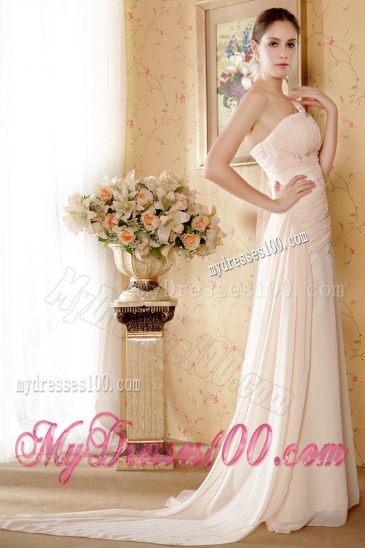 Baby Pink One Shoulder Watteau Train Chiffon Prom Dress with Beading and Ruche