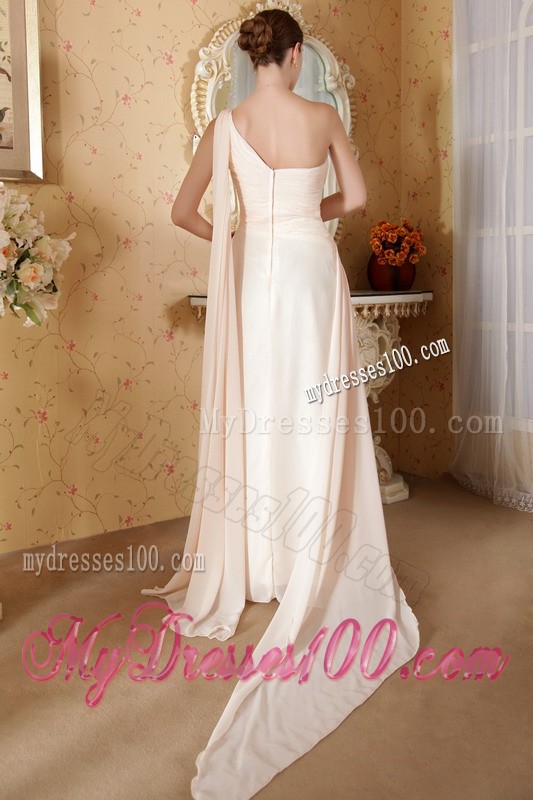 Baby Pink One Shoulder Watteau Train Chiffon Prom Dress with Beading and Ruche