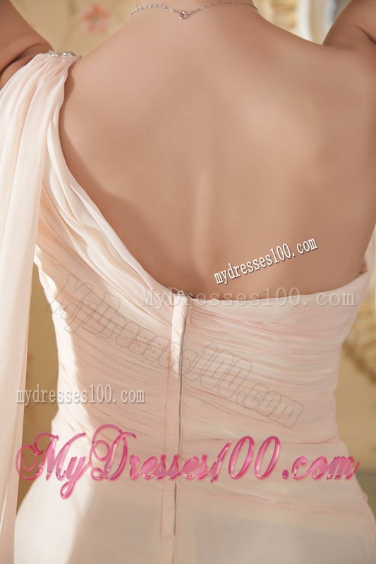 Baby Pink One Shoulder Watteau Train Chiffon Prom Dress with Beading and Ruche
