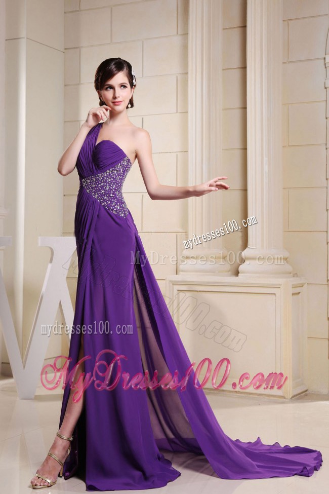 One Shoulder Brush Train Prom Dresses with Beadings and Waist