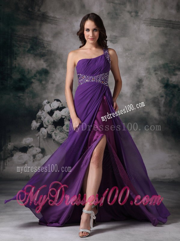 Purple One Shoulder Beaded Court Train Prom Gown with Cutout Back and High Slit
