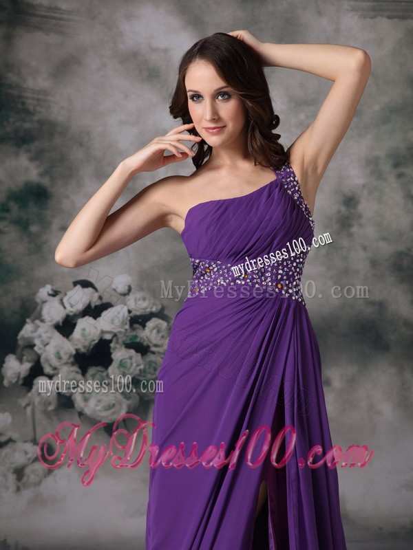 Purple One Shoulder Beaded Court Train Prom Gown with Cutout Back and High Slit