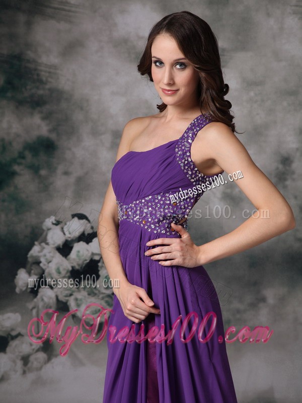 Purple One Shoulder Beaded Court Train Prom Gown with Cutout Back and High Slit