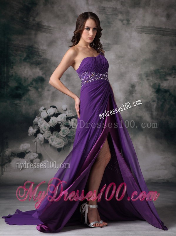Purple One Shoulder Beaded Court Train Prom Gown with Cutout Back and High Slit