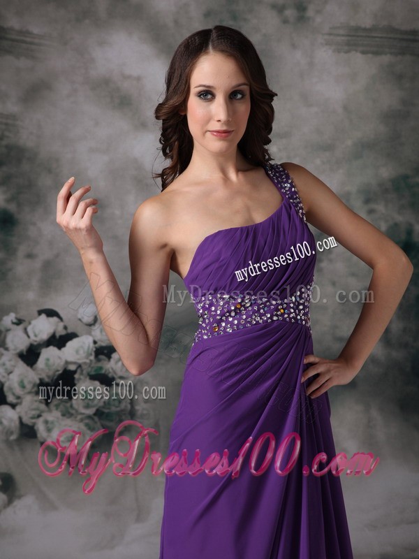 Purple One Shoulder Beaded Court Train Prom Gown with Cutout Back and High Slit