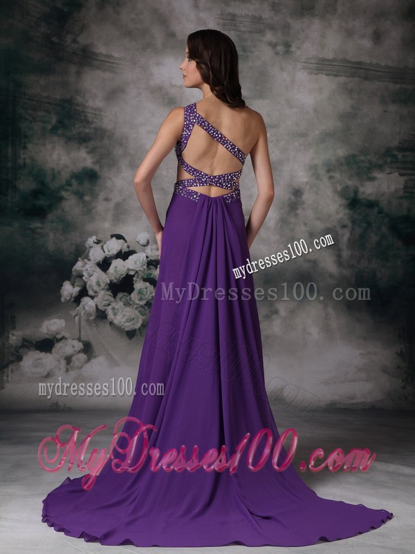 Purple One Shoulder Beaded Court Train Prom Gown with Cutout Back and High Slit
