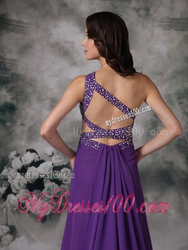 Purple One Shoulder Beaded Court Train Prom Gown with Cutout Back and High Slit