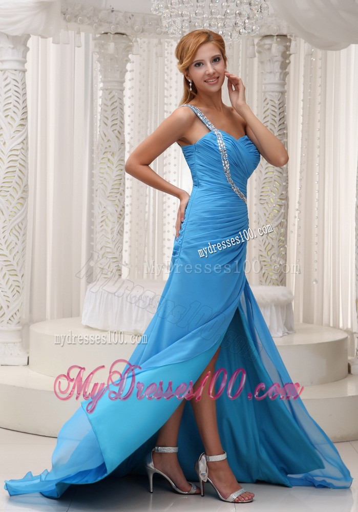 Brush Train High Slit Baby Blue Prom Evening Dress with Jeweled One Shoulder
