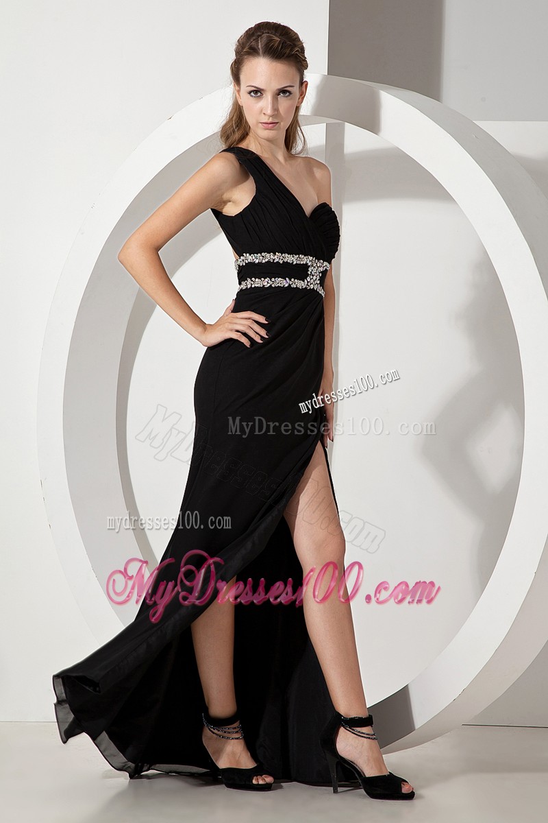Side Slit One Shoulder Beaded Black Prom Evening Dress with the Back Out