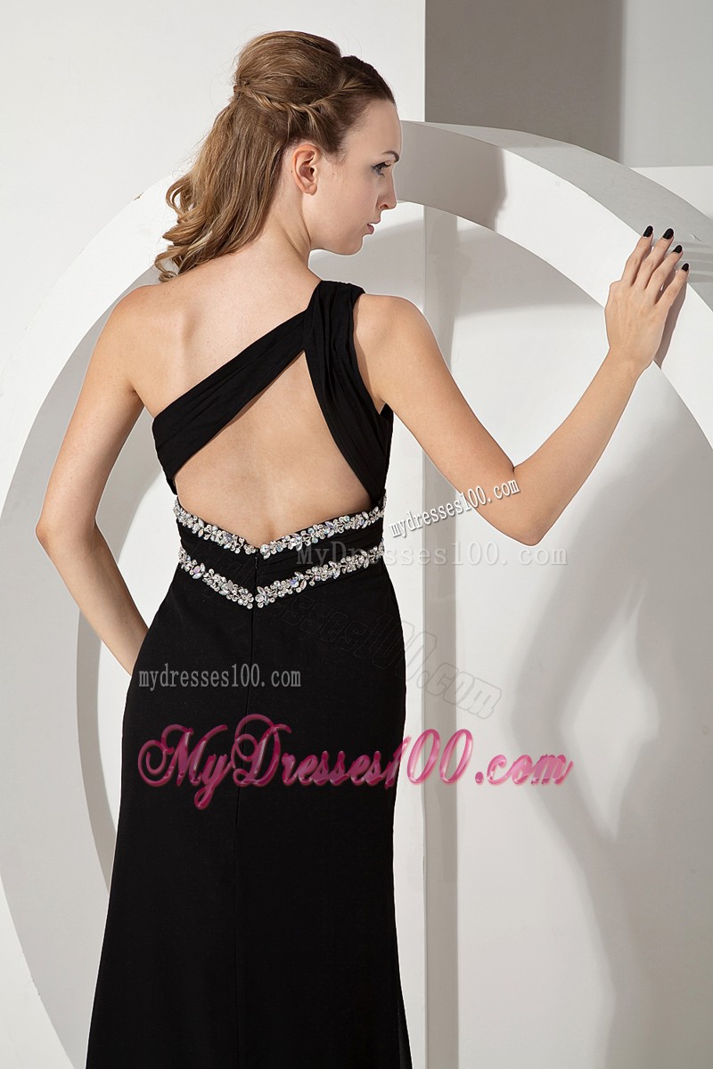 Side Slit One Shoulder Beaded Black Prom Evening Dress with the Back Out