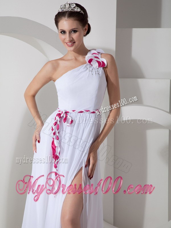 Elegant One Shoulder High-low White Prom Dresses with Sashes
