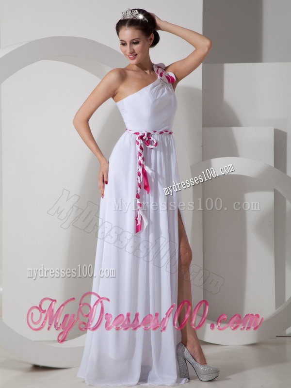 Elegant One Shoulder High-low White Prom Dresses with Sashes