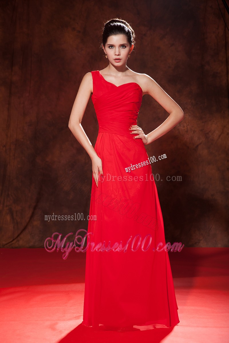 Charming Slit One Shoulder Floor Length Ruche Prom Evening Dresses in Red