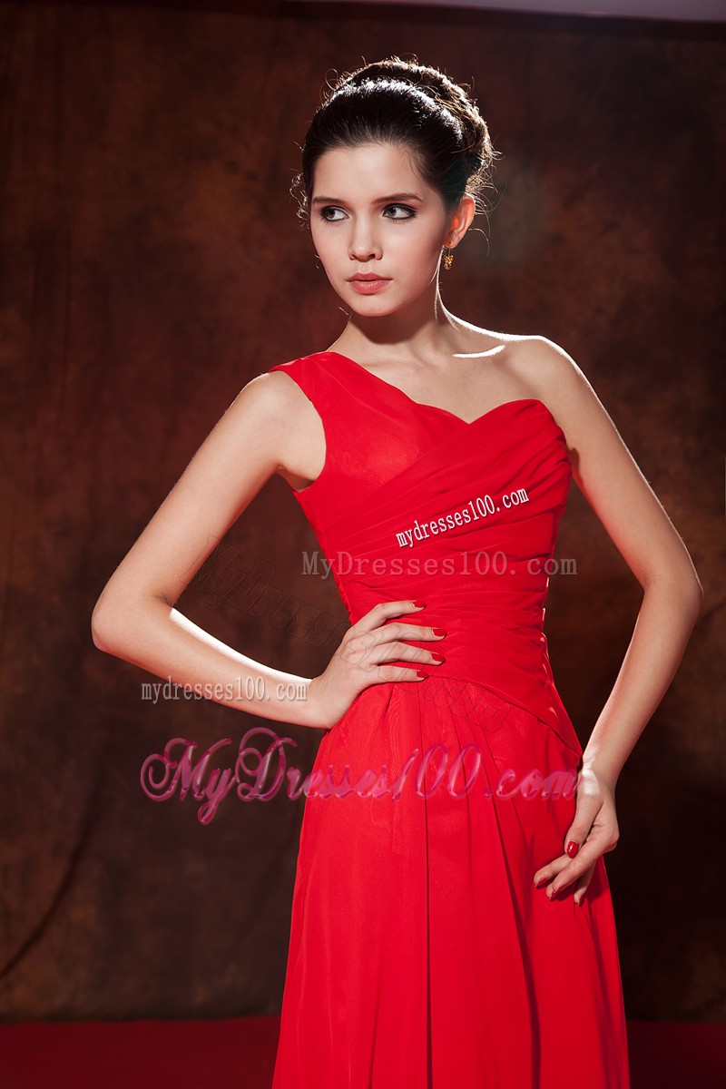 Charming Slit One Shoulder Floor Length Ruche Prom Evening Dresses in Red