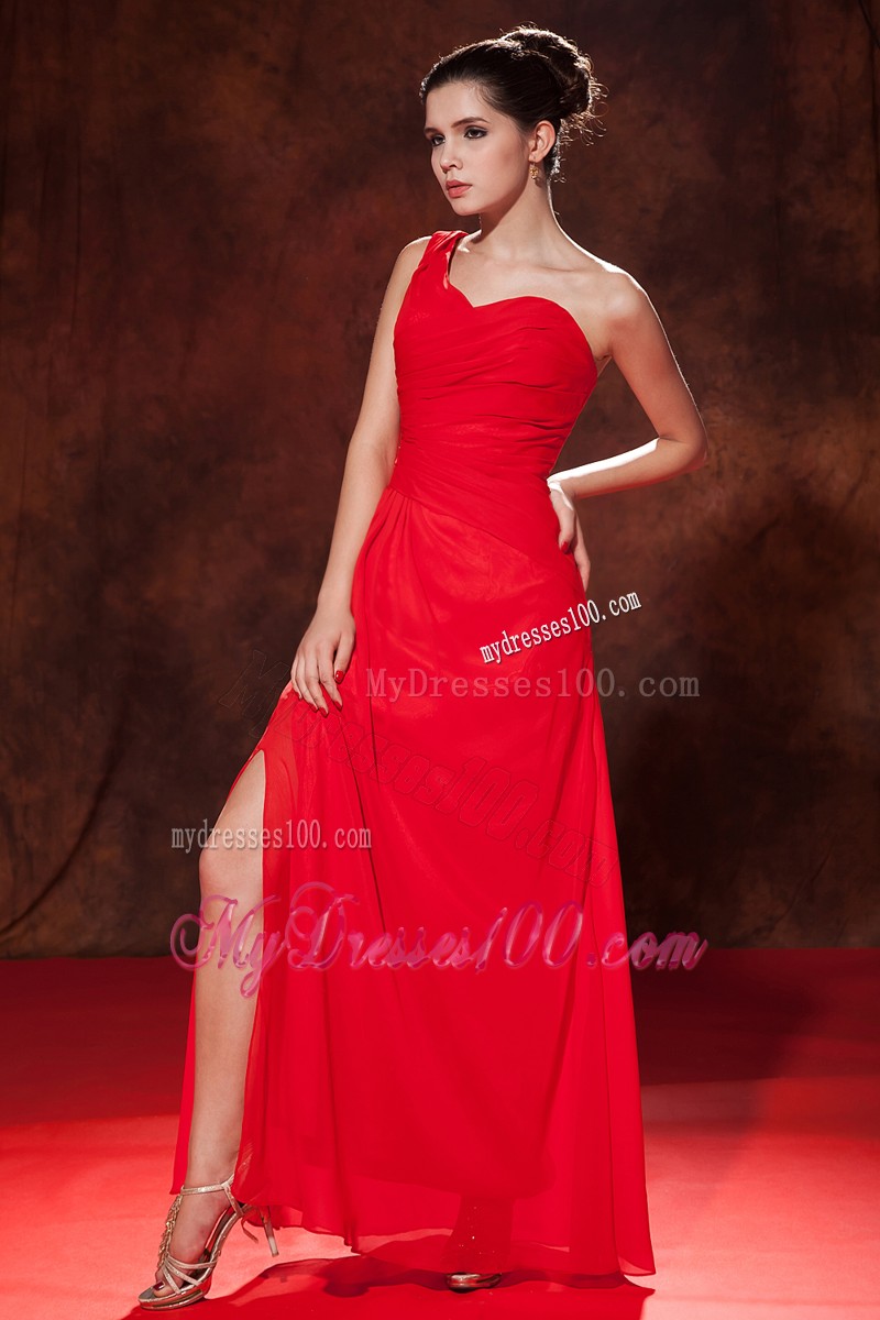 Charming Slit One Shoulder Floor Length Ruche Prom Evening Dresses in Red