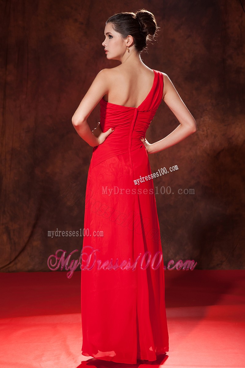 Charming Slit One Shoulder Floor Length Ruche Prom Evening Dresses in Red
