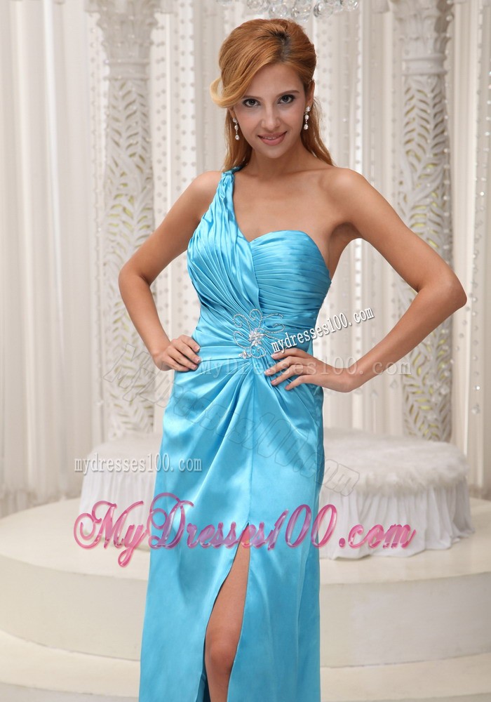 One Shoulder Ruched Bodice for Blue Trash Train High Slit Prom Gown Dress