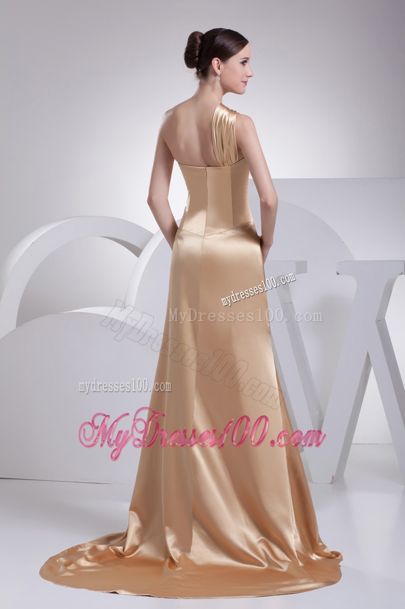 One Shoulder High Slit Brush Train Gold Prom Dress