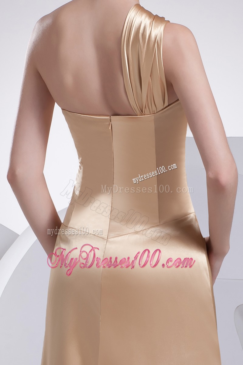 One Shoulder High Slit Brush Train Gold Prom Dress
