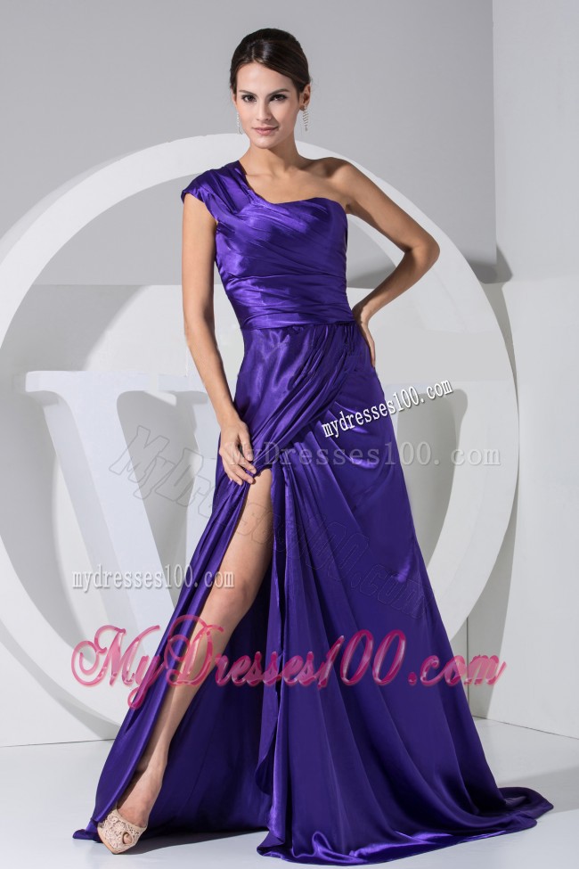 Purple One Shoulder High Slit Brush Train Taffeta Prom Dress