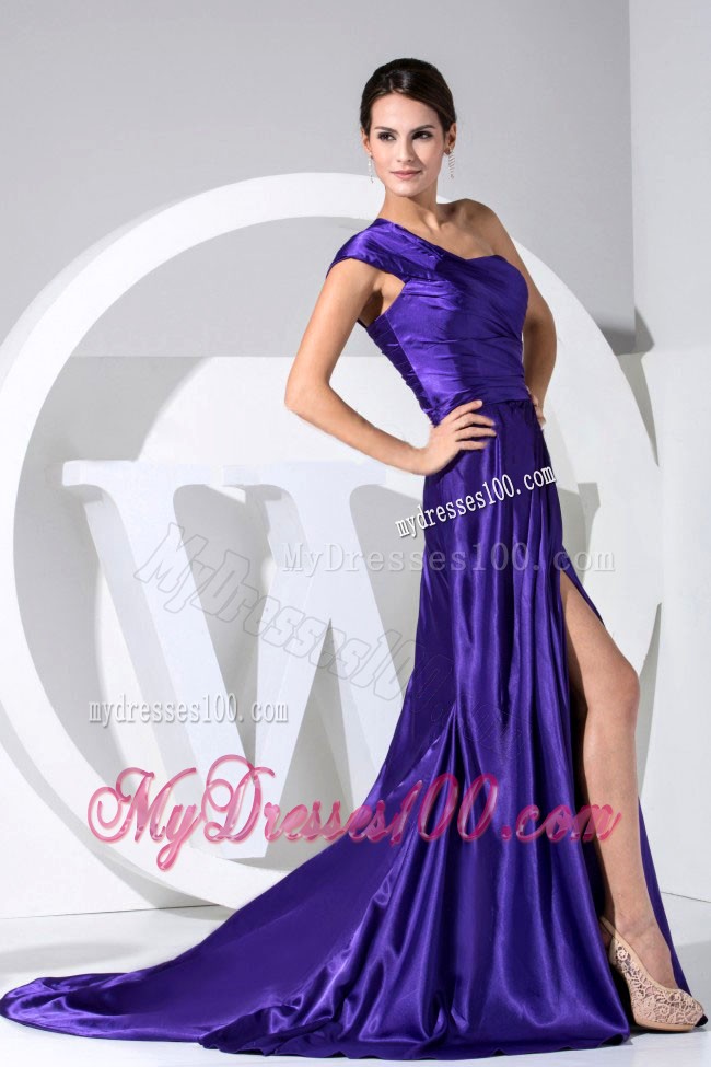 Purple One Shoulder High Slit Brush Train Taffeta Prom Dress