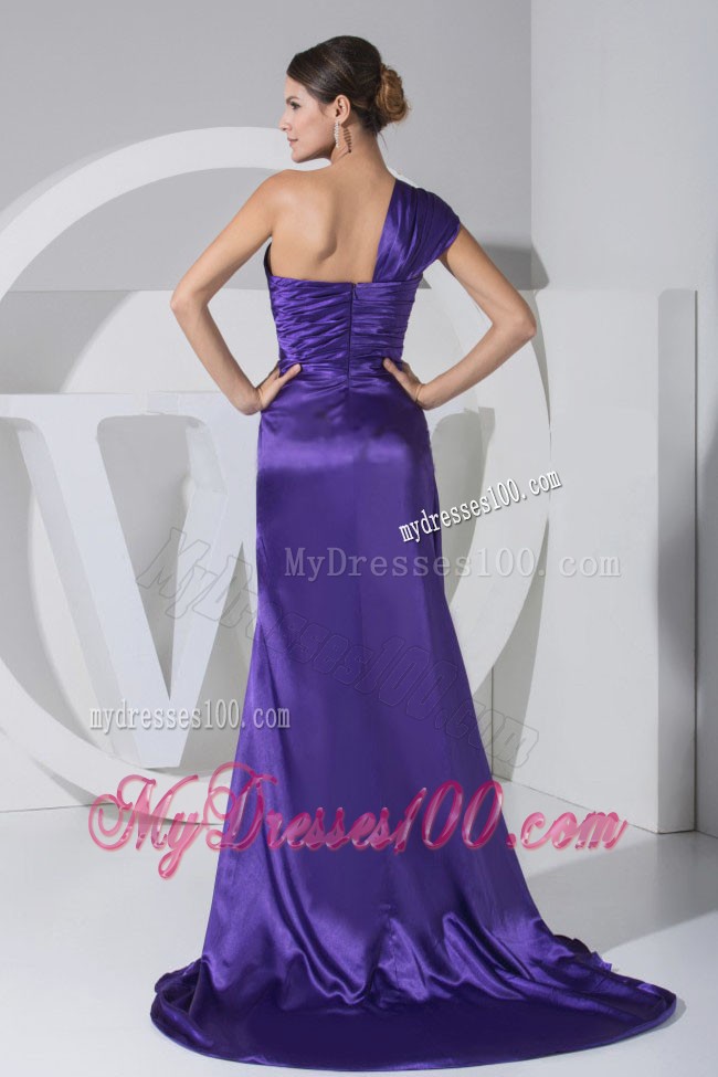 Purple One Shoulder High Slit Brush Train Taffeta Prom Dress