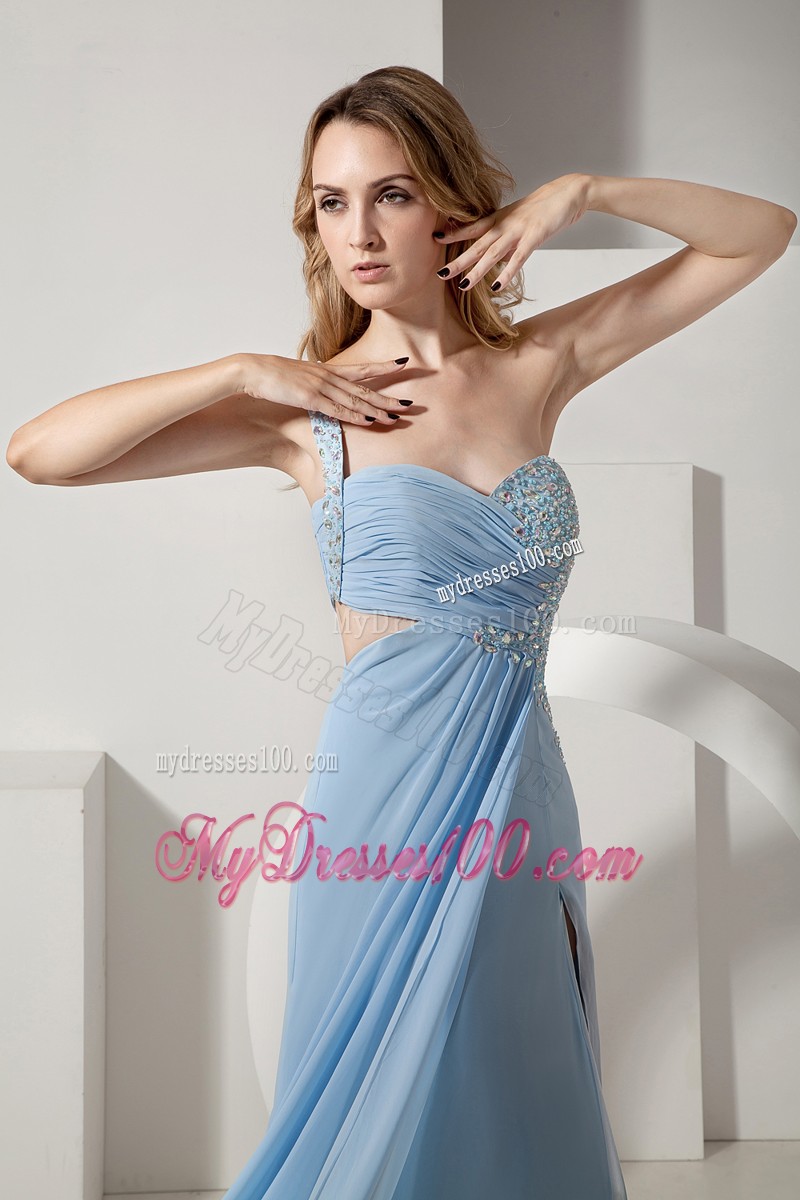 One Shoulder Beaded High Slit Prom Evening Dresses Light Blue Floor Length