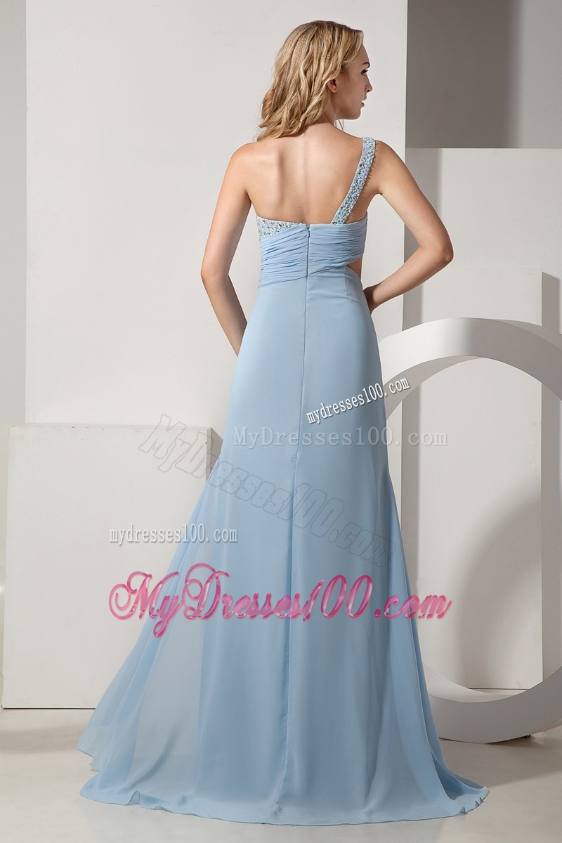 One Shoulder Beaded High Slit Prom Evening Dresses Light Blue Floor Length