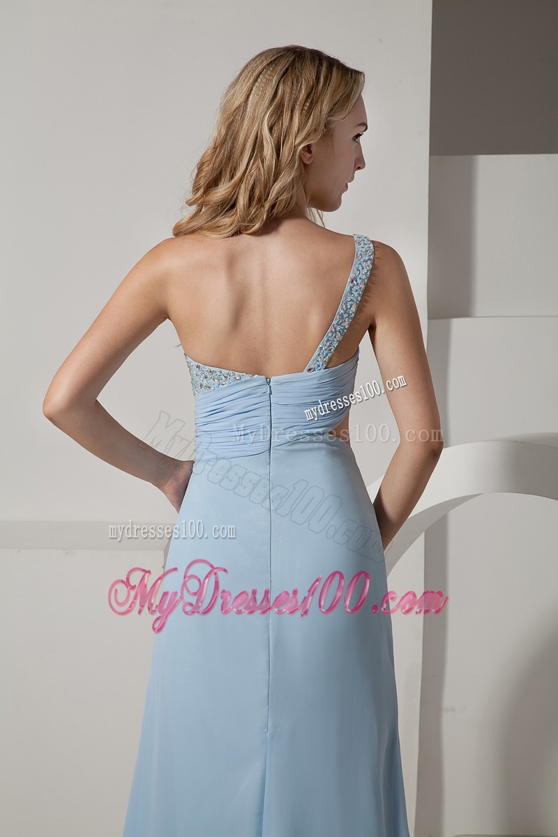 One Shoulder Beaded High Slit Prom Evening Dresses Light Blue Floor Length