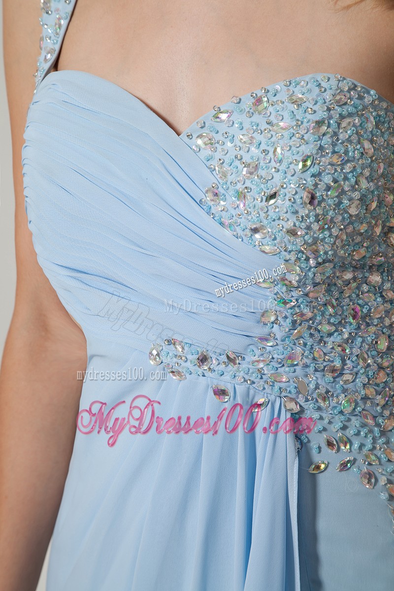 One Shoulder Beaded High Slit Prom Evening Dresses Light Blue Floor Length