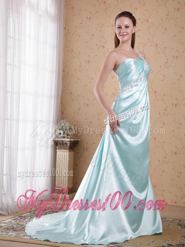 One Shoulder Beading and Ruche Decorate Brush Train Prom Gown in Light Blue