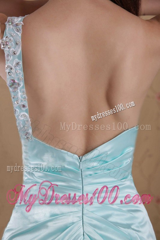 One Shoulder Beading and Ruche Decorate Brush Train Prom Gown in Light Blue