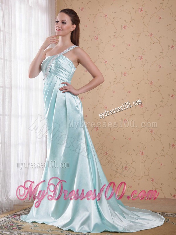 One Shoulder Beading and Ruche Decorate Brush Train Prom Gown in Light Blue