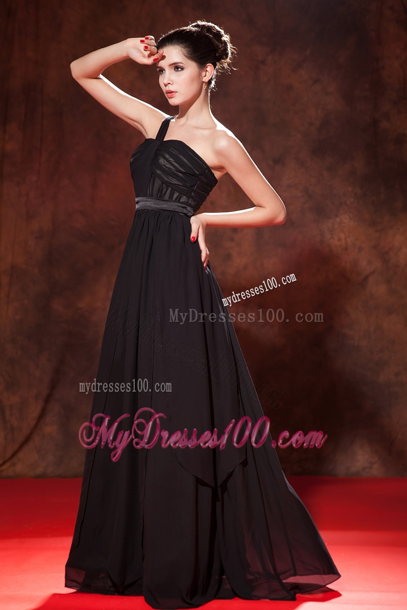 Empire Floor Length One Shoulder Black Prom Evening Dress with Ruche