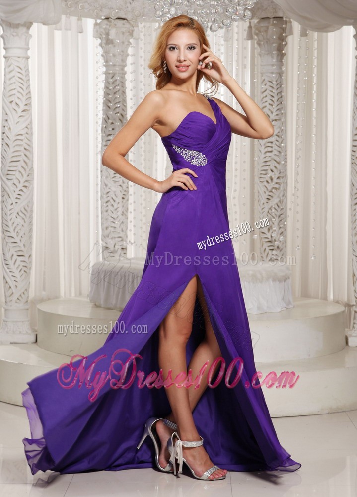 One Shoulder Beading Decorated Purple High Slit Prom Graduation Dresses