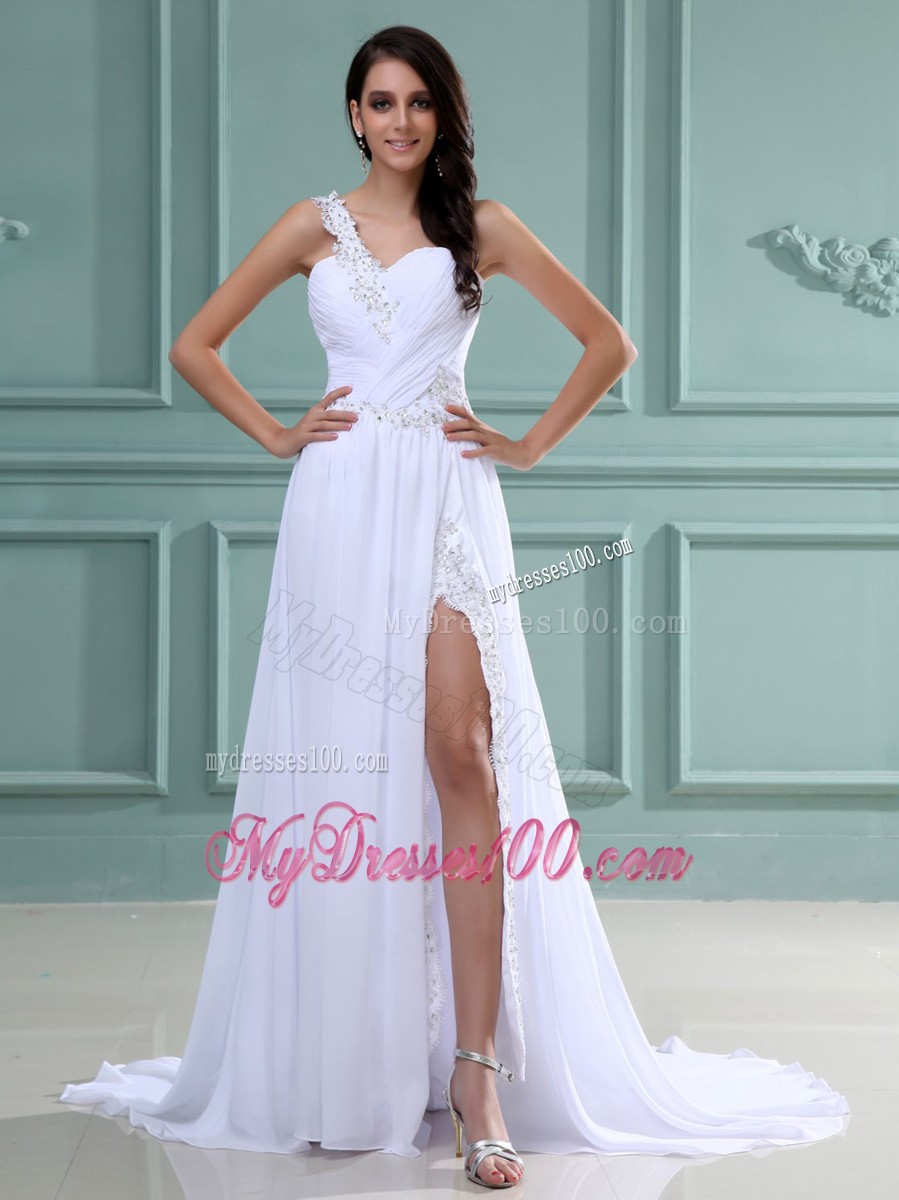 Beaded One Shoulder Straps Empire Sweep Train Prom Dresses