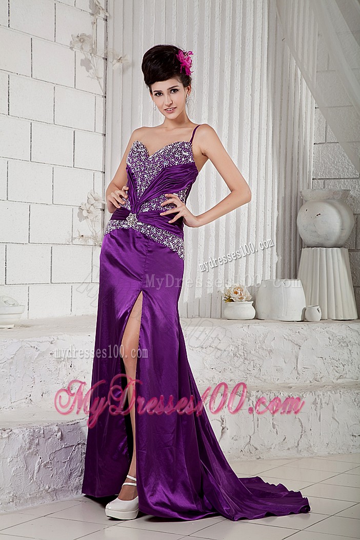 V-neck and One Shoulder with Beadings Prom Dresses in Purple