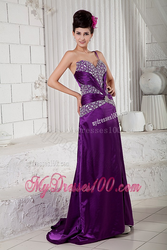 V-neck and One Shoulder with Beadings Prom Dresses in Purple