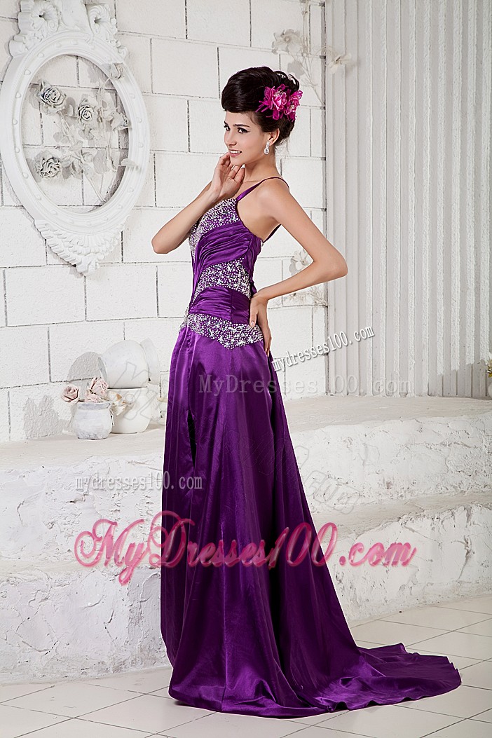 V-neck and One Shoulder with Beadings Prom Dresses in Purple