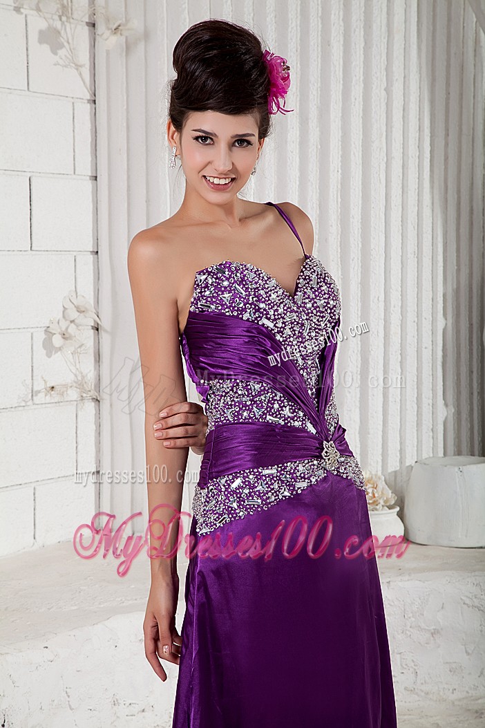 V-neck and One Shoulder with Beadings Prom Dresses in Purple