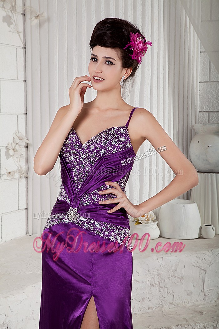 V-neck and One Shoulder with Beadings Prom Dresses in Purple