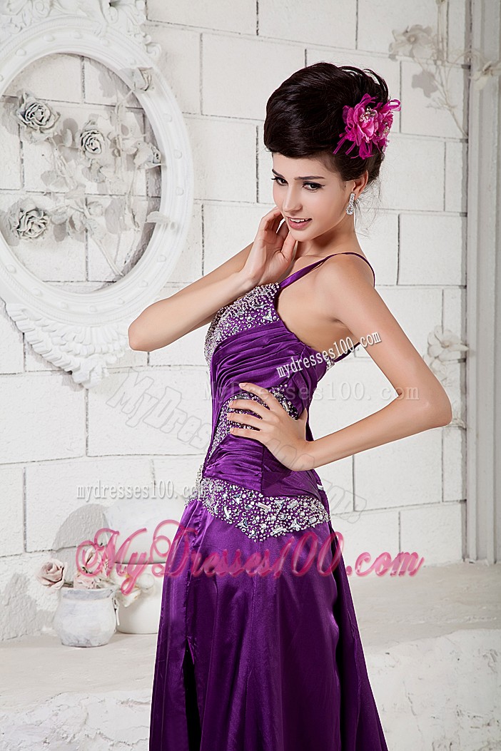 V-neck and One Shoulder with Beadings Prom Dresses in Purple