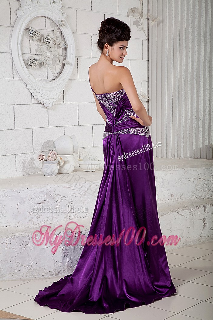 V-neck and One Shoulder with Beadings Prom Dresses in Purple